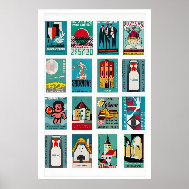 Teal Matchbox Label Collage, Vintage Ephemera Poster (Front)