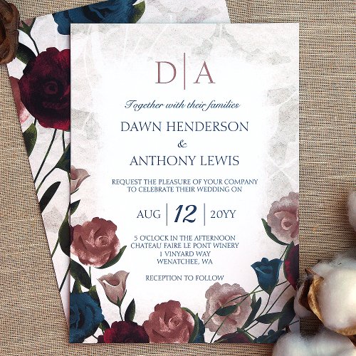 Teal Mauve Blush Burgundy Rose Garden Wedding  Invitation