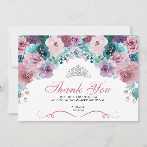 Teal  Mauve Floral Quinceanera Thank You 