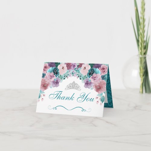 Teal  Mauve Floral Quinceanera Thank You Card