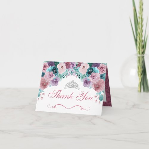Teal  Mauve Floral Quinceanera Thank You Card