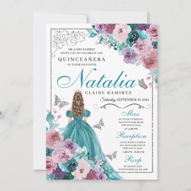 Teal & Mauve Ocean Sunset Princess Quinceanera Invitation (Front)