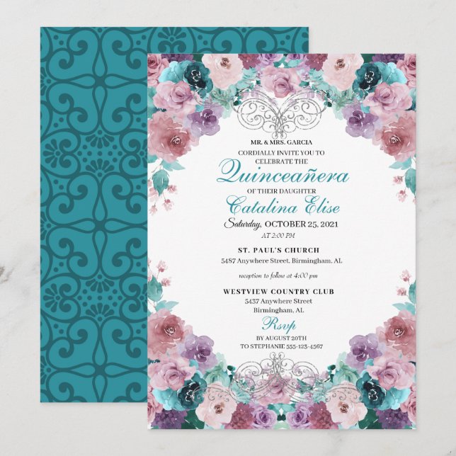 Teal & Mauve Sunset Quinceanera Birthday Invitation (Front/Back)