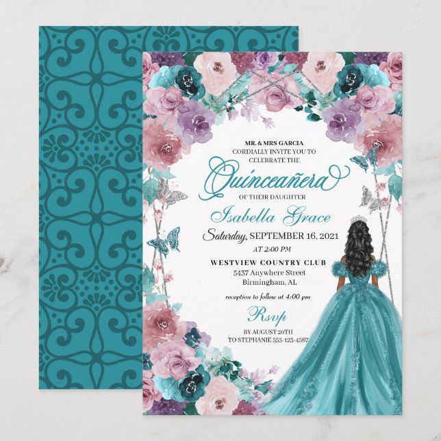 Teal & Mauve Sunset Quinceanera Princess Invitation (Front/Back)