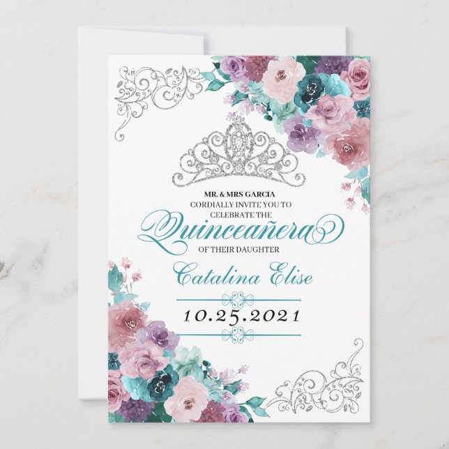 Teal & Mauve Sunset Tiara Quinceanera Invitation (Front)