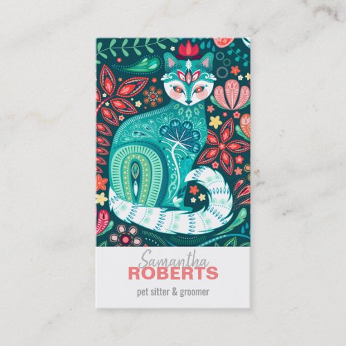 Teal Maximalist Cat Floral Folk Art Business Card