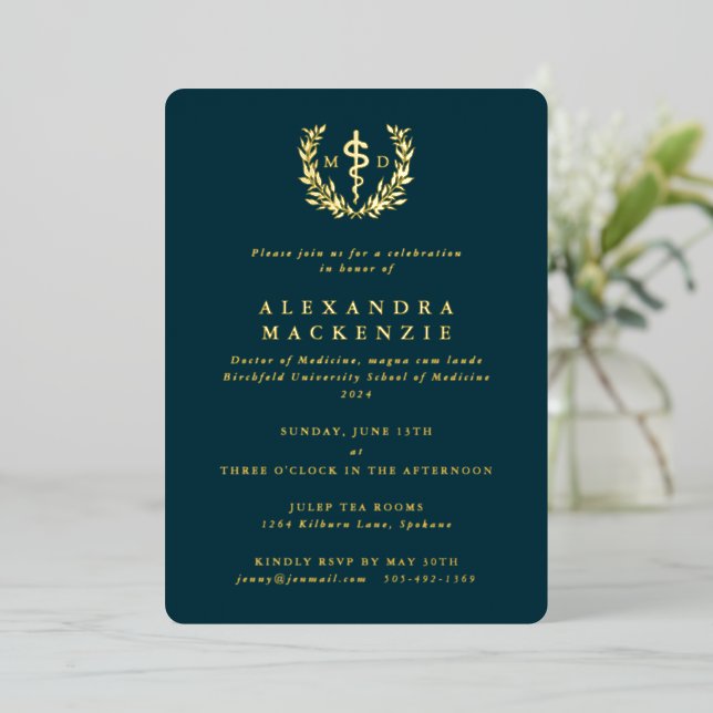 Teal MD Asclepius+Laurel Wreath Graduation Party Foil Invitation (Standing Front)