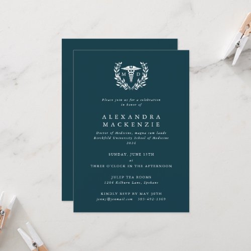 Teal MD CaduceusLaurel Wreath Graduation Invitation