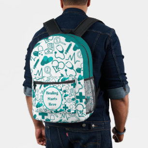 teal Medical Icons Pattern Customizable Healthcare Printed Backpack