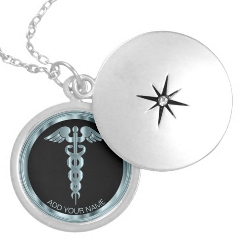 Teal Medical Symbol Caduceus _ Personalized Locket Necklace