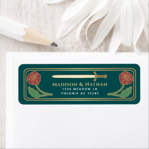 Teal Medieval Fantasy Gold Sword Wedding Label