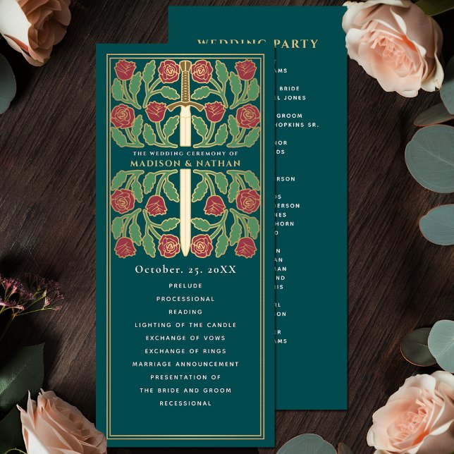 Teal Medieval Gold Floral Sword Royal Wedding Program (Creator Uploaded)