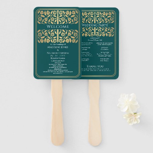 Teal Medieval Gold Sword Royal Wedding Program Hand Fan