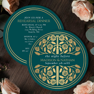 Teal Medieval Gold Sword Royal Wedding Rehearsal Invitation