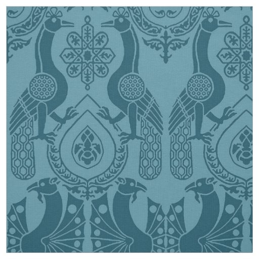 Teal Medieval Peacocks and Dragons Fabric