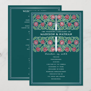 Teal Medieval Silver Floral Sword Royal Wedding Program