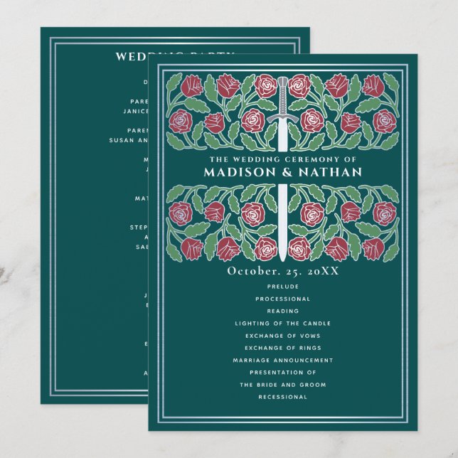 Teal Medieval Silver Floral Sword Royal Wedding Program (Front/Back)