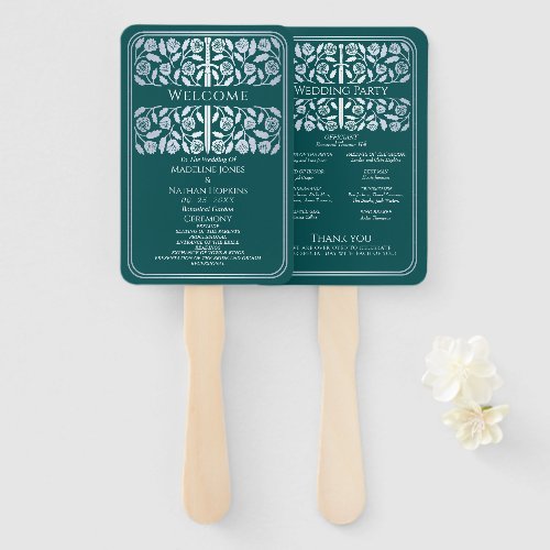 Teal Medieval Silver Sword Royal Wedding Program Hand Fan