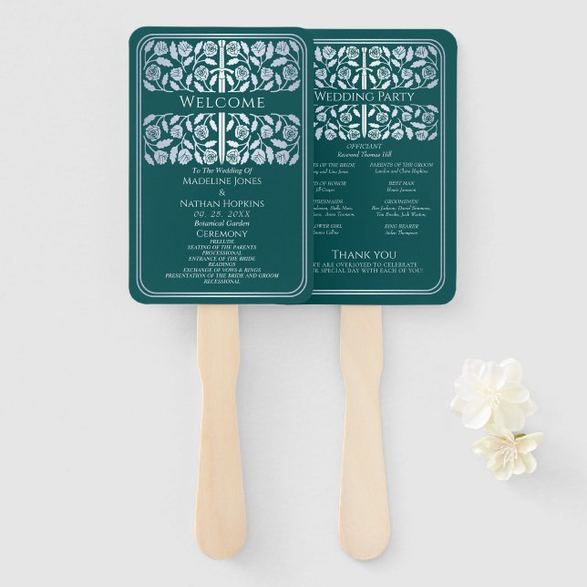 Teal Medieval Silver Sword Royal Wedding Program Hand Fan (Front and Back)