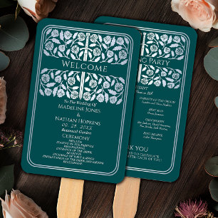 Teal Medieval Silver Sword Royal Wedding Program Hand Fan