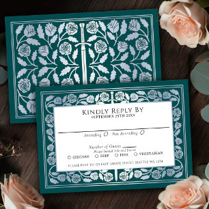 Teal Medieval Silver Sword Royal Wedding RSVP Card