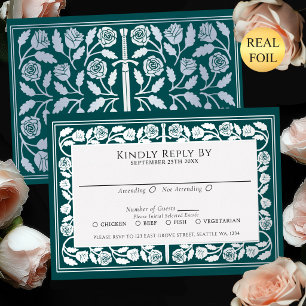 Teal Medieval Silver Sword Royal Wedding RSVP Foil Invitation