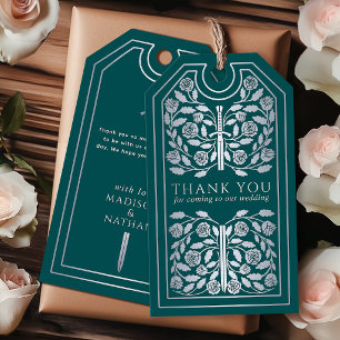 Teal Medieval Silver Sword Wedding Thank You Gift Tags
