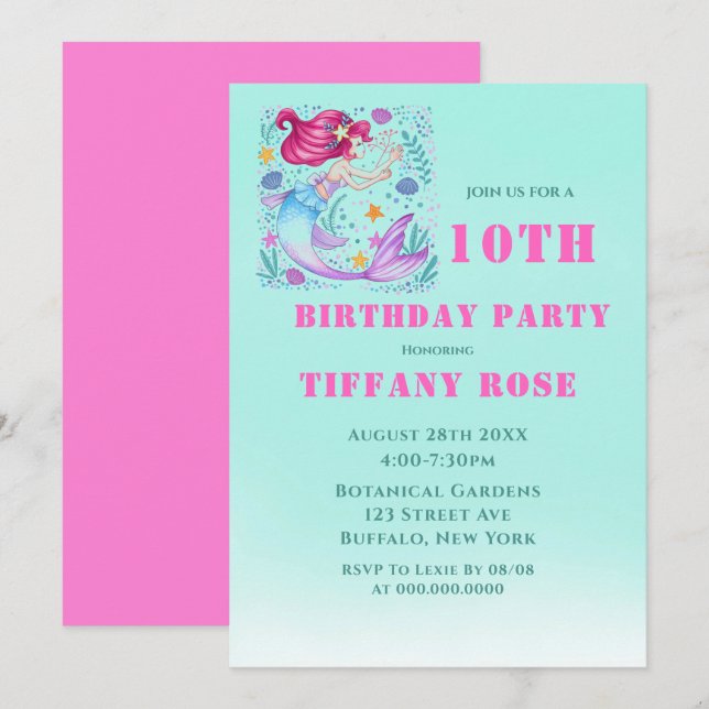 Teal Mermaid 10th Birthday Party Invitations  (Front/Back)