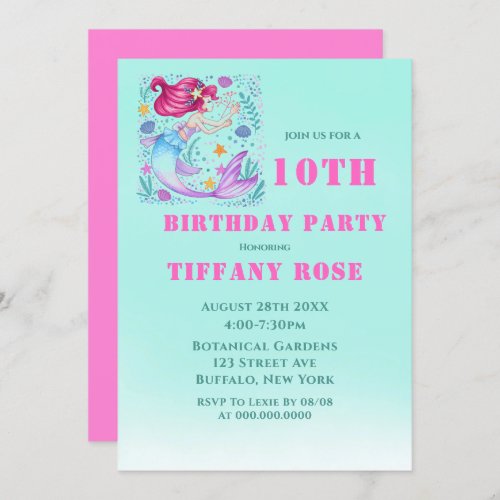 Teal Mermaid 10th Birthday Party Invitations 