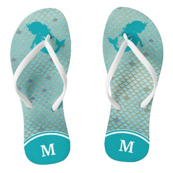 Teal Mermaid Fish Scale Monogram Flip Flops by AvenueCentral at Zazzle