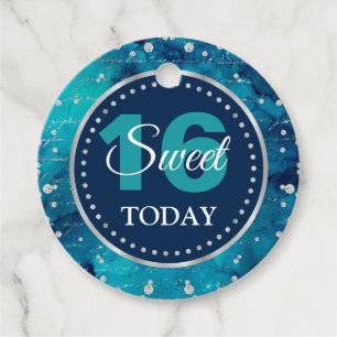 Teal Mermaid Letters Pattern & Glitter Sweet 16 Favor Tags