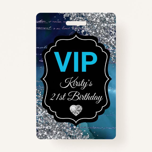 Teal Mermaid Letters Silver Glitter Birthday VIP Badge (Front)