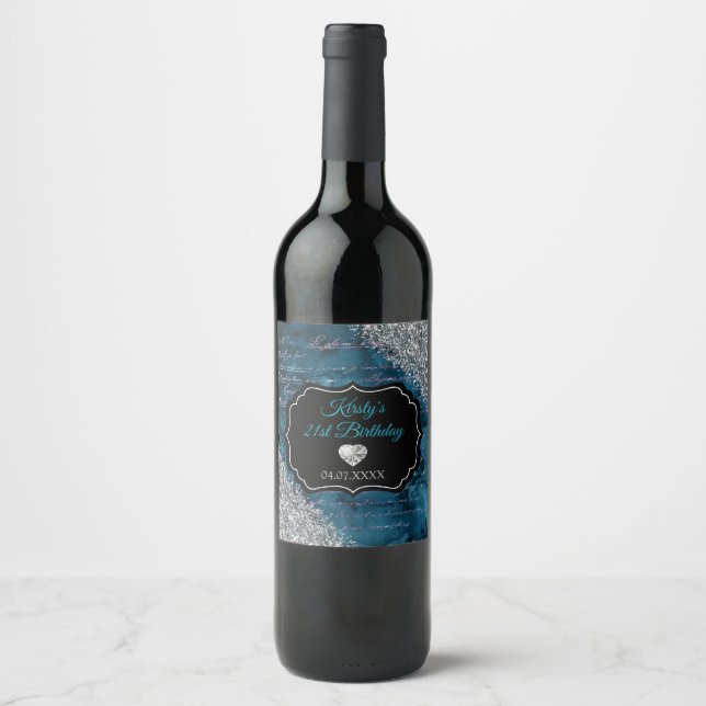 Teal Mermaid Letters Silver Glitter Birthday Wine Label (Front)