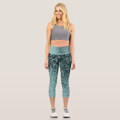 Teal Mermaid Ocean Glitter 4 Faux Glitter art  Capri Leggings