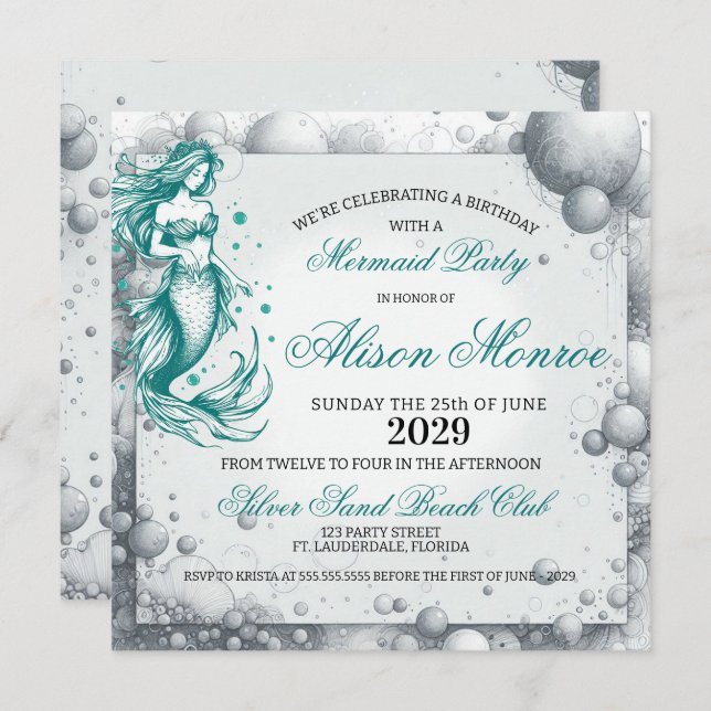 Teal Mermaid Party Invite (Front/Back)