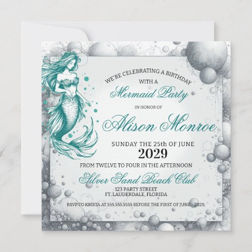 Teal Mermaid Party Invite