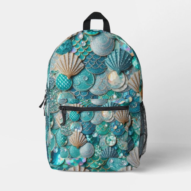 Teal Mermaid Print with Seashells Printed Backpack (Front)