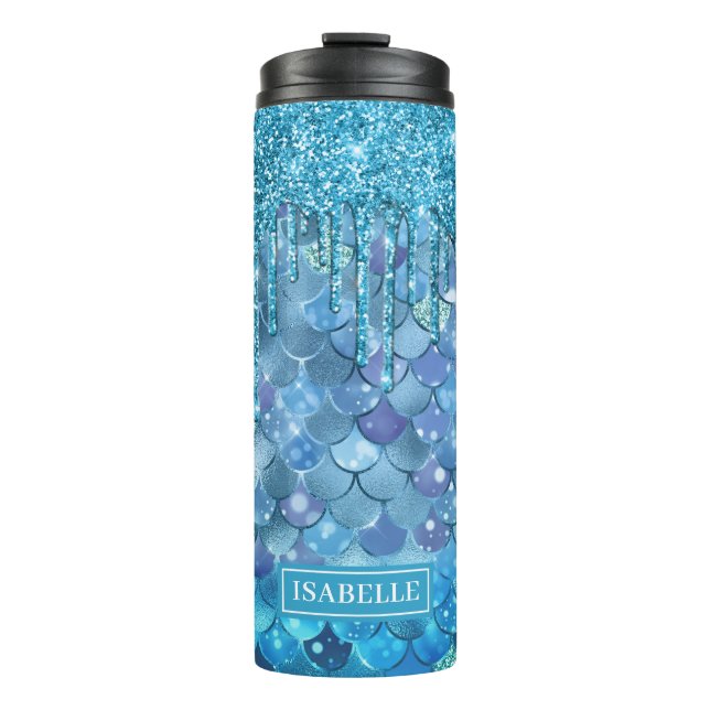 Teal Mermaid Scales Blue Glitter Drip Thermal Tumbler (Front)