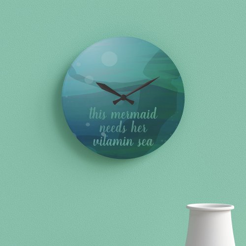 Teal Mermaid Silhouette Ocean Waves Custom Quote Large Clock