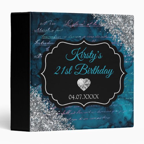 Teal Mermaid Silver Glitter Birthday Photo Album 3 Ring Binder