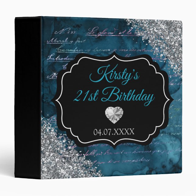 Teal Mermaid Silver Glitter Birthday Photo Album 3 Ring Binder (Front/Spine)