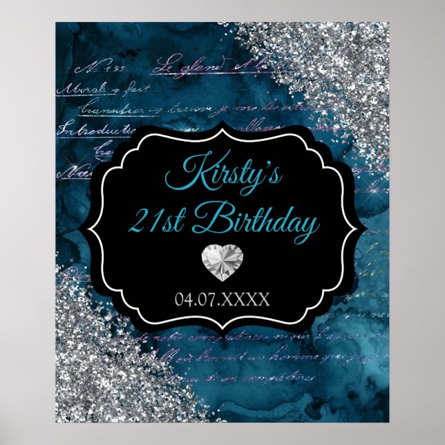 Teal Mermaid Silver Glitter Birthday Sign (Front)