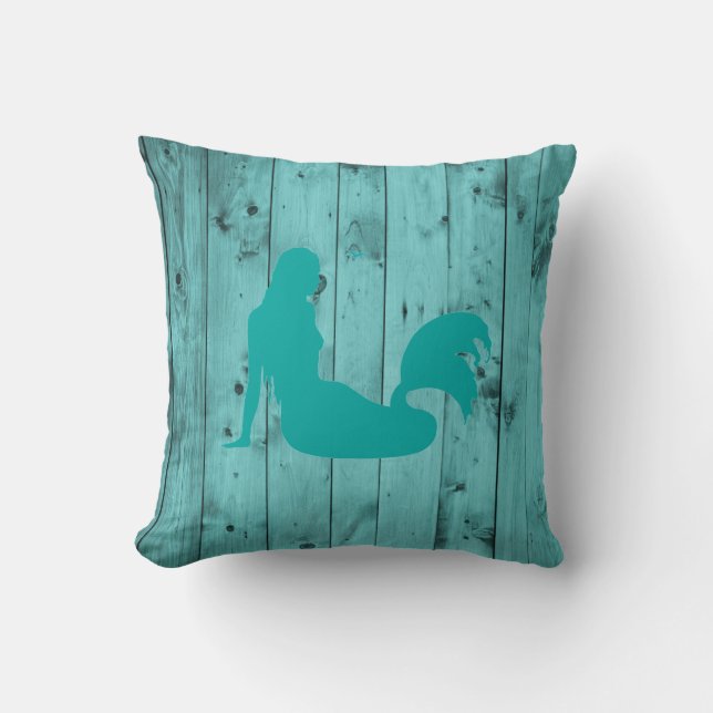 Teal Mermaid Turquoise Beach Driftwood Rustic Wood Throw Pillow (Front)