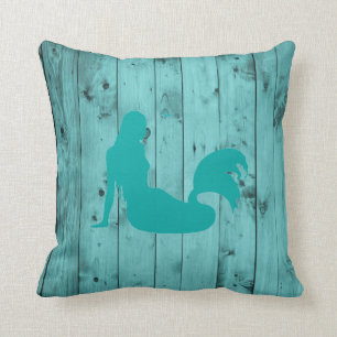 Teal Mermaid Turquoise Beach Driftwood Rustic Wood Throw Pillow