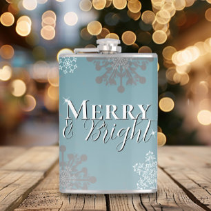 Teal Merry and Bright Snowflakes Christmas Flask