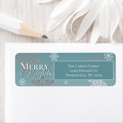 Teal Merry and Bright Snowflakes Christmas Label