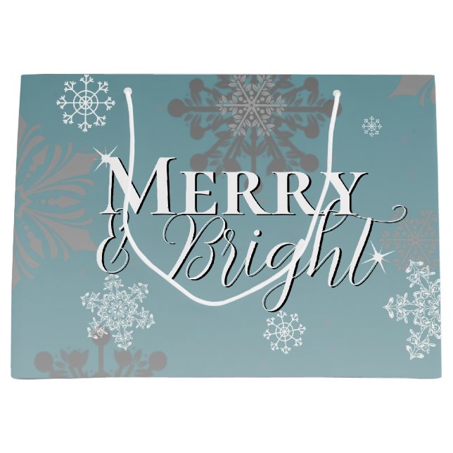 Teal Merry and Bright Snowflakes Christmas Large Gift Bag (Front)