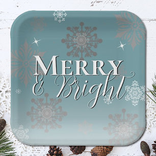 Teal Merry and Bright Snowflakes Christmas Paper Plates