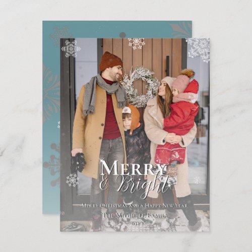 Teal Merry and Bright Snowflakes Christmas Photo Holiday Card