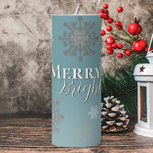 Teal Merry and Bright Snowflakes Christmas Pillar Candle